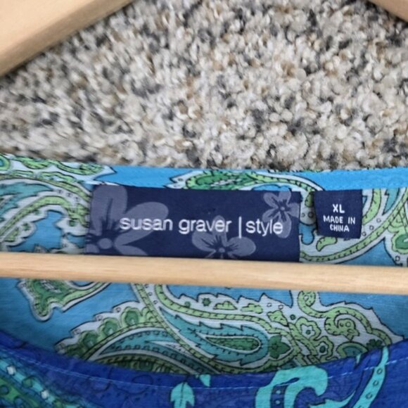 Susan Graver Top Womens XL Blue Paisley Print Blouse Sheer Poncho Casual Ladies - Picture 6 of 7